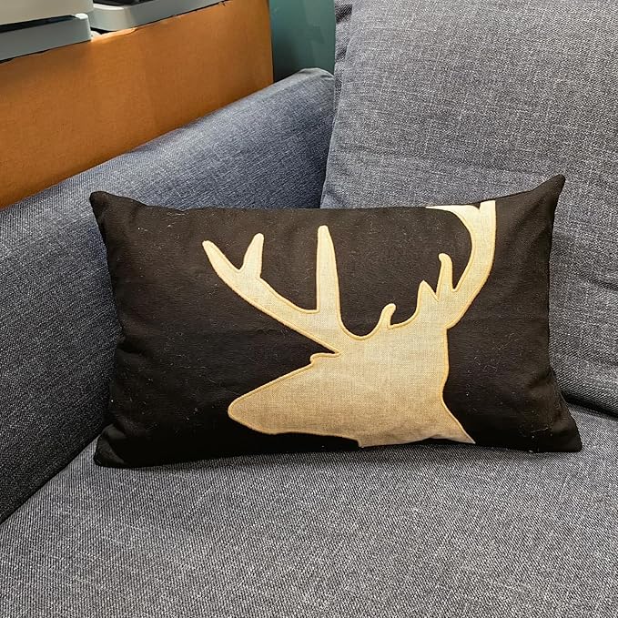 Lumbar Pillow Covers 12x20 Inches Black Decorative Cotton Linen Deer HeadThrow Lumbar Waist Embroidered Cushions Covers for Couch Sofa Bedroom