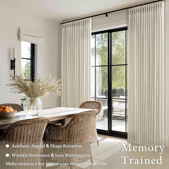 Pinch Pleated Beige Linen Semi Sheer Curtains 112 Inches Length 2 Panels | 112 - Image 6