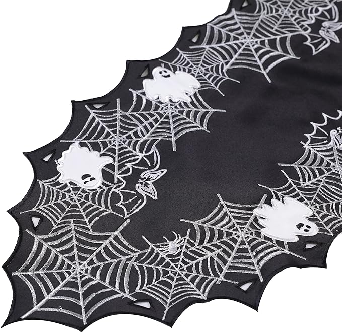 Chlophy Halloween Table Runner Black Spider Web Table Runner Gothic Embroidered for Kitchen Dining Halloween Décor Home Party Table Decoration 72in