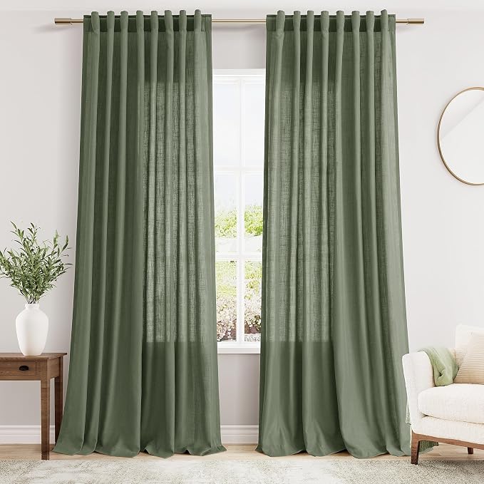 Nanspring Olive Green Linen Blend Semi Sheer Curtains 102 Inches Long x 60 by Nanspring