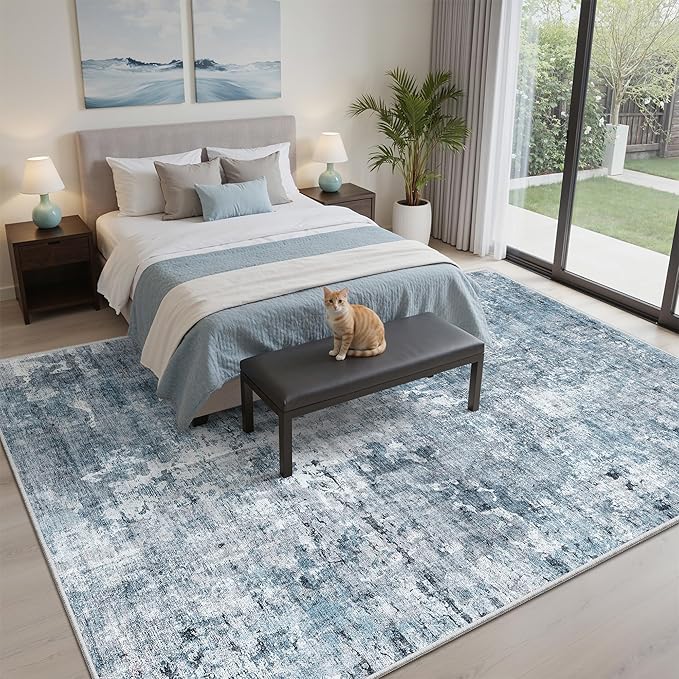 Soalmost Abstract 7x9 Area Rug for Living Room Washable Rugs Blue/Grey | - Image 3