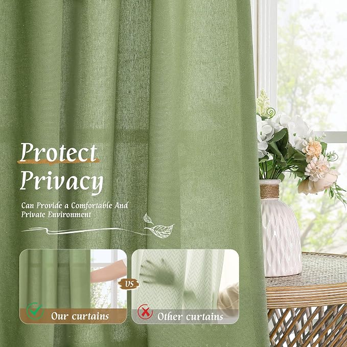 54 Inch Semi Sheer Green Linen Curtains - Image 5
