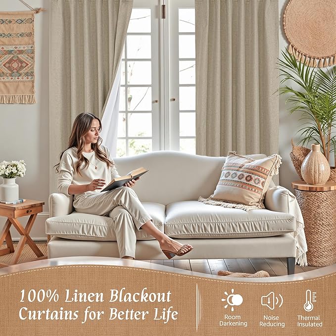 80 Inch 100% Blackout Natural Linen Curtains 2 Panels, 52 x 80 Inch | Privacy - Image 2