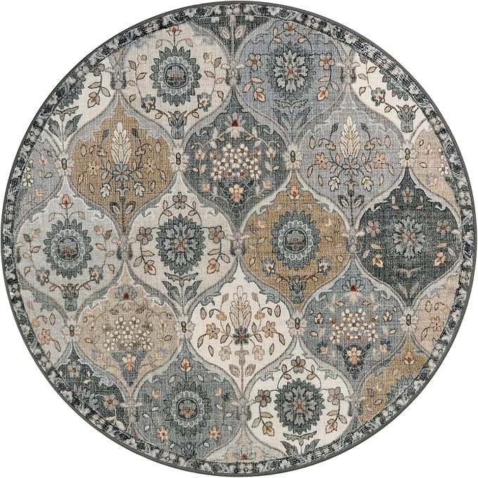 Lahome Moroccan Washable Round Area Rug, Soft Grey Vintage Round Rug 3ft | - Image 2