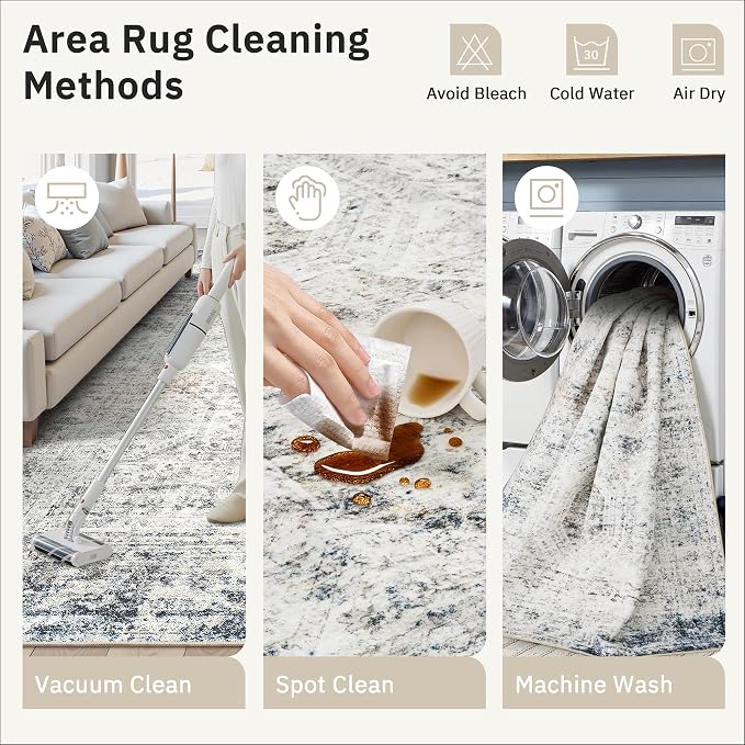 Soalmost Runner Rug 2x10 Washable Hallway Kitchen Runners Blue/Ivory | Non-Slip - Image 9