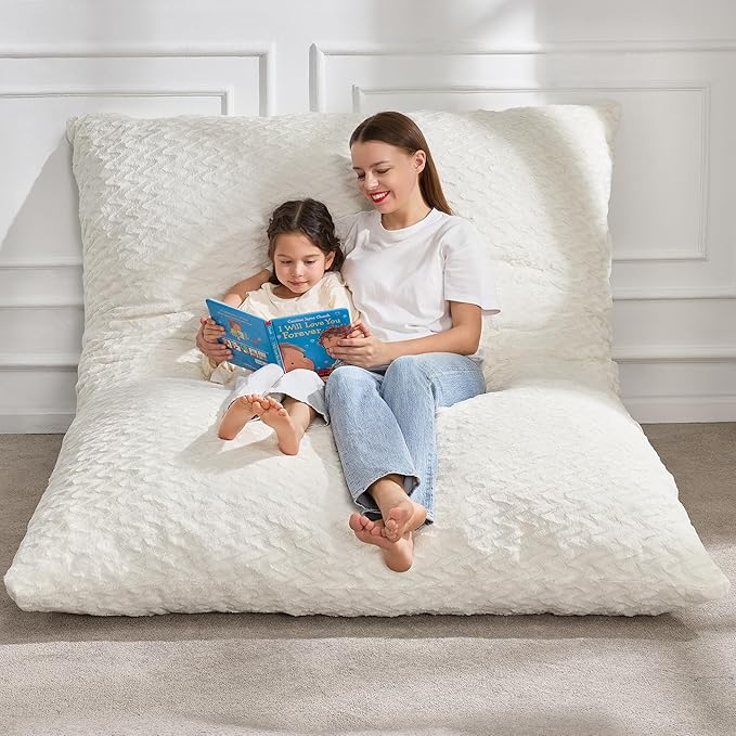Hobestluk 3 in 1 Bean Bag Chair Giant Bean Bag Chairs for Adults with Chevron Plush Fur Cover Convertible Bean Bag Floor Cushion with Machine Washable Cover for Living Room (Chevron Plush White)