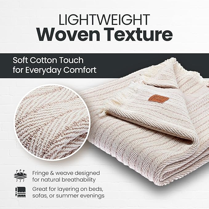 Gold Case Throw Blanket for Couch – 100% Recycled Turkish Cotton Blankets & Throws – Elegant Decorative Throw Blankets for Living Room Sofa – Woven Throws for Couch – Vintage Beige – 50x60