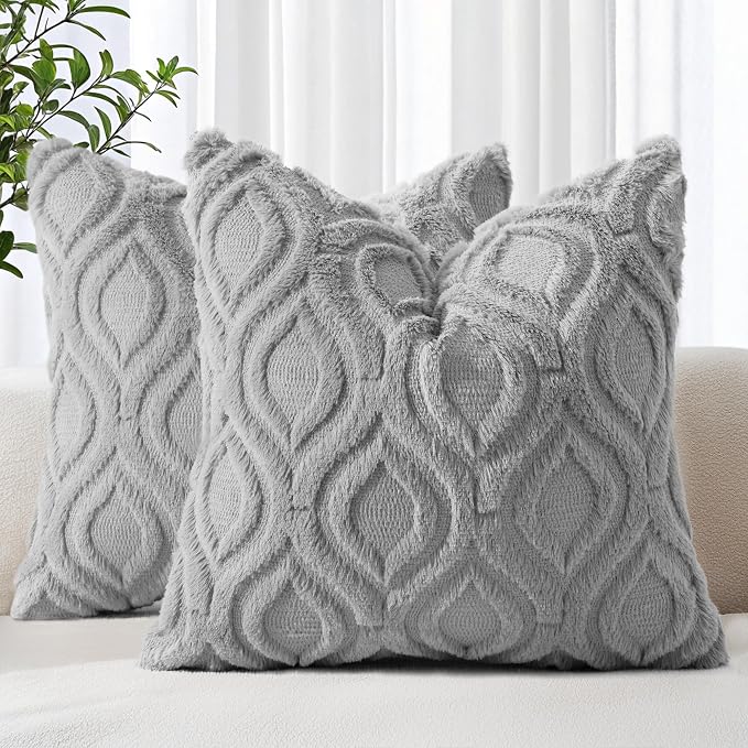 decorUhome Throw Pillow Covers 24x24 Inch Set of 2, Soft Plush Faux Wool Grey by decorUhome