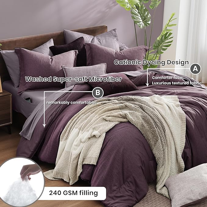 Monbix King Size Comforter Set, Italian Plum King Bedding Set Reversible, 7 Pieces, Cationic Dyeing Bed in a Bag King with Comforter, Sheets, Pillowcases & Shams