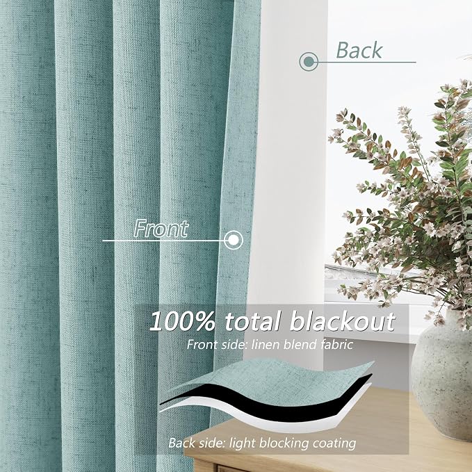 Light Blue 100% Blackout Linen Curtains 100 Inch Length 2 Panels Set - Image 4