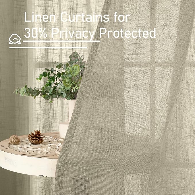 Oatmeal Semi Sheer Window Linen Curtains 63 Inch Length 2 Panels | Light - Image 5