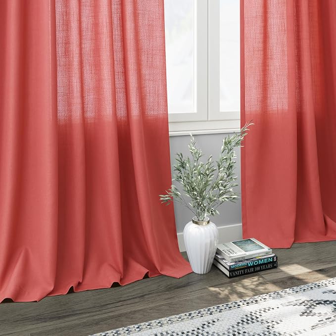 Nanspring Watermelon Red Curtains 108 Inches Long 2 Panels, Semi Sheer Back Tab - Image 6