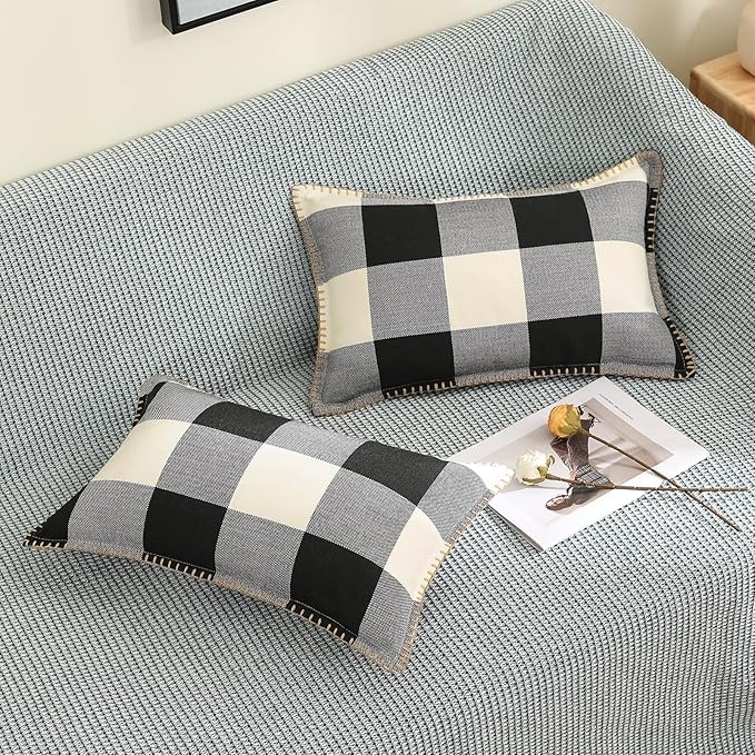 decorUhome Buffalo Plaid Check Throw Pillow Covers 12x20 Set of 2, Outdoor Lumbar Decorative Farmhouse Neutral Pillow Covers with Stitched Edge for Bed Couch Sofa, Black and White