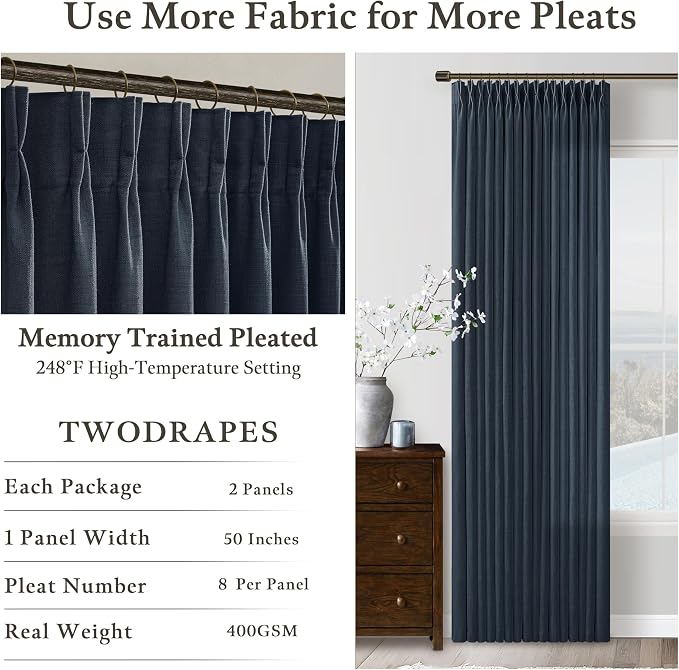 Dark Blue Memory Trained Linen Pinch Pleated Semi Sheer Curtains 108 Inches | - Image 4