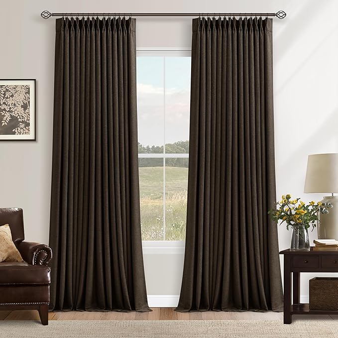 Dark Brown Pleated Double Layer Thick Linen Curtains 90 Inches Long | by Twodrapes