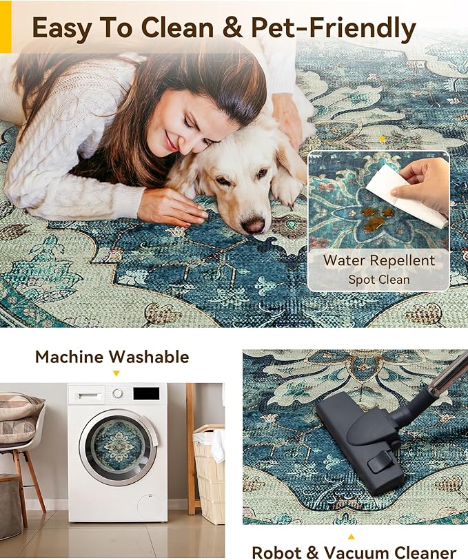 RELEANY Washable Area Rug, Round 7ft, Water Repellent, Pet Friendly, Vintage - Image 4