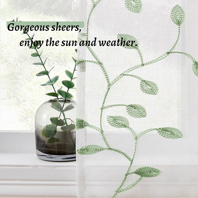 MRTREES Sheer Voile Curtain Valances 2 Panels, Sage Green Leaves Embroidered - Image 4