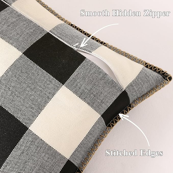 decorUhome Buffalo Plaid Check Throw Pillow Covers 18x18 Set of 2, Outdoor Decorative Farmhouse Neutral Pillow Covers with Stitched Edge for Bed Couch Sofa, Black and White