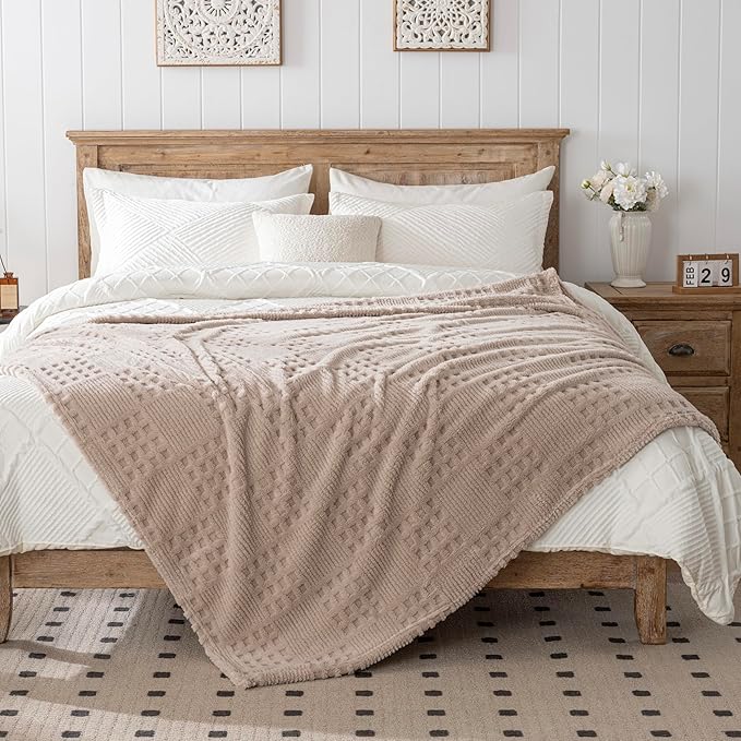 50x70 Inch Waffle Brown Throw Blanket -Fluffy Fleece, Neutral Tan Color - Image 5