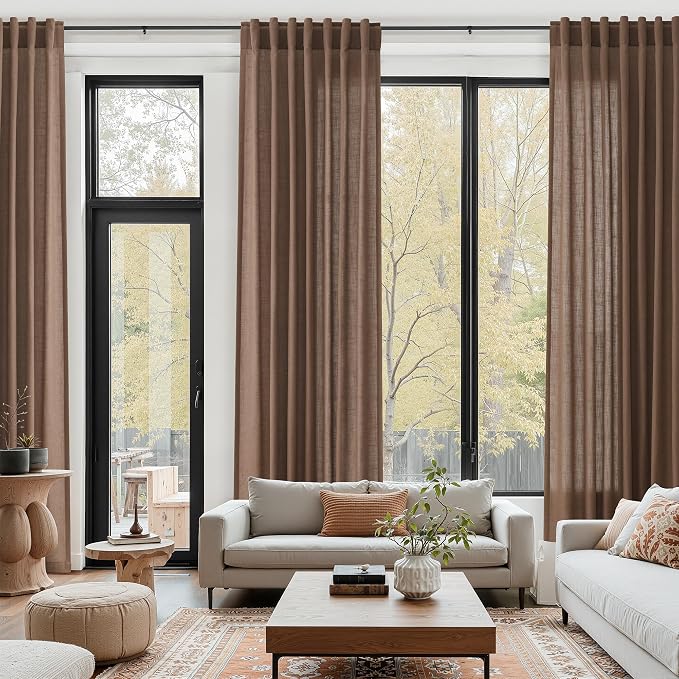 Caramel Brown Linen Curtains for Living Room 98 Inches Long Back Tab and Rod - Image 6