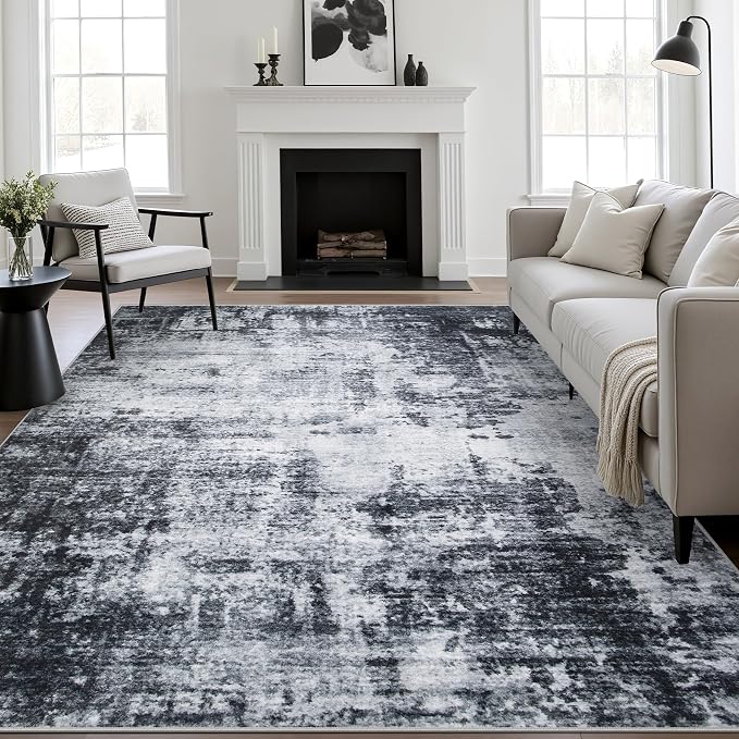 5x8 Area Rug Living Room: Modern Washable Soft Carpet Dark Black | by FXRHLP