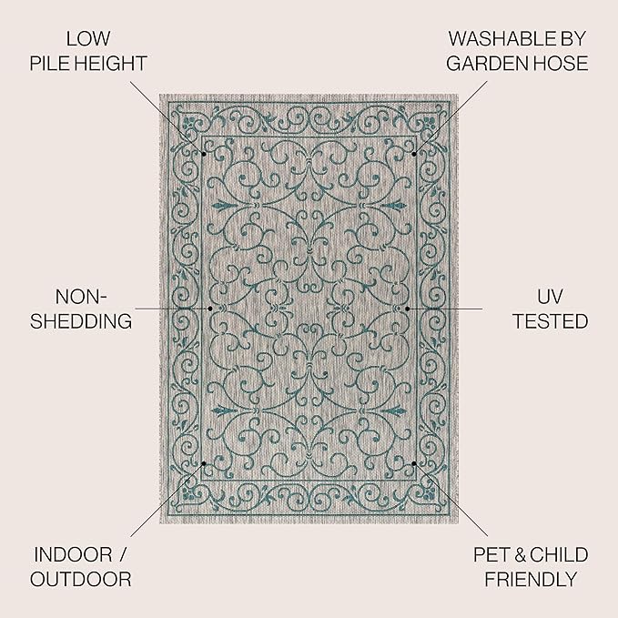 JONATHAN Y Vintage Filigree Indoor Outdoor Round Area Rug 8 Ft Gray/Teal, Charleston Textured Weave for Backyard, Patio, Porch, Easy-Cleaning, High Traffic, Pet-Friendly, Non-Shedding (SMB106E-8R)