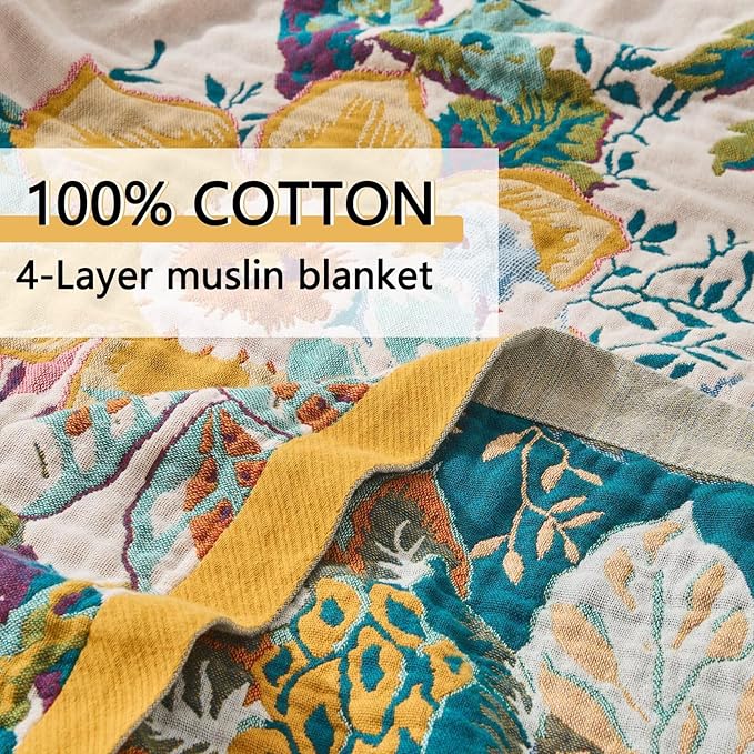 Boho Throw Blanket for Bed, Double Sided Floral Decorated Bohemian Couch Blanket, Lightweight Breathable 100% Cotton Throw Blanket,Room, Farmhouse, Bed Decor (Happiness,50"x60")