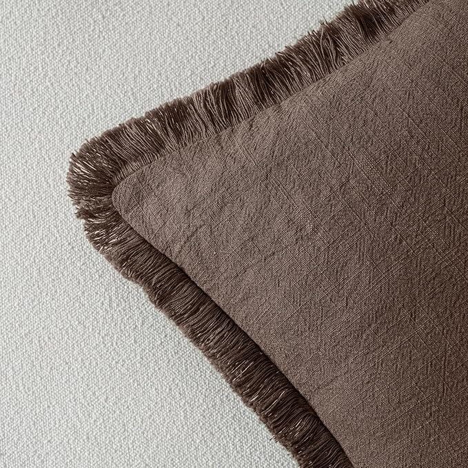 MIULEE Linen Fringe Decorative Fall Euro Pillow Covers Reddish Brown 24x24 | - Image 3