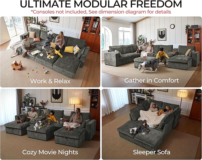 Oversized Modular Sofa Comfy Cloud Couch with Storage, Extra Deep Plush Sectional Sofa Set for Living Room, Covers Washable, Chenille, Olar (Grey, 6-Seater with 2 Corners, u-Shaped)