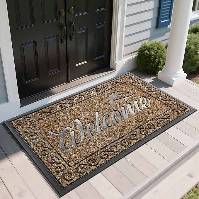 Yimobra Welcome Mat, Heavy Duty Sturdy Door Mats for Home Entrance Outdoor Indoor, Front Doormat for Outside Patio Floor Entry Porch Garage Office, Waterproof, Low Profile, 60 x 36, Beige Brown