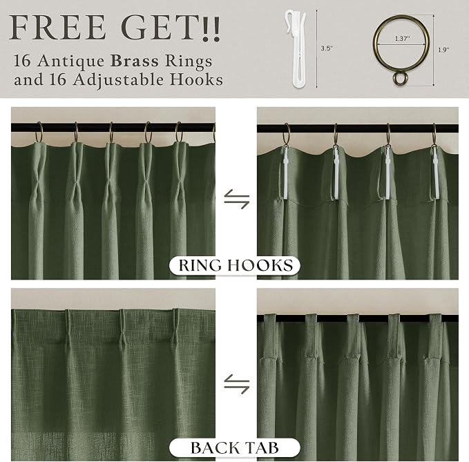 Green 63 Inch Pinch Pleat Linen Light Filtering Farmhouse Curtains 2 Panels | - Image 5