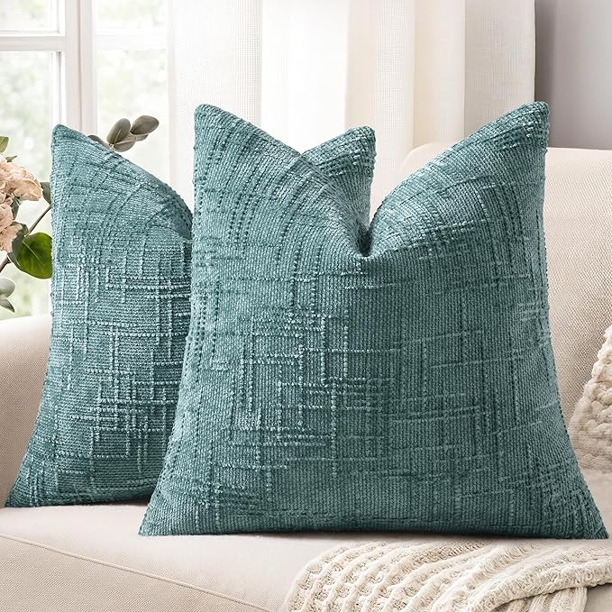 decorUhome Summer Teal Chenille Throw Pillow Covers 16x16 Set of 2 Textured by decorUhome