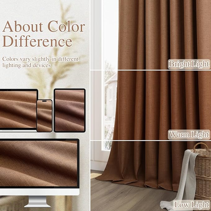 Guken Caramel Brown 100% Blackout Linen Curtains 100 Inch Length 2 Panels Set - Image 7
