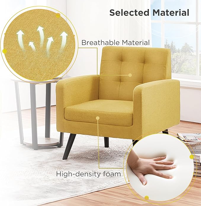 Yaheetech Mid-Century Accent Chairs, Modern Upholstered Living Room Chair, Cozy Armchair Button Tufted Back and Wood Legs for Bedroom/Office/Cafe, Set of 2, Yellow