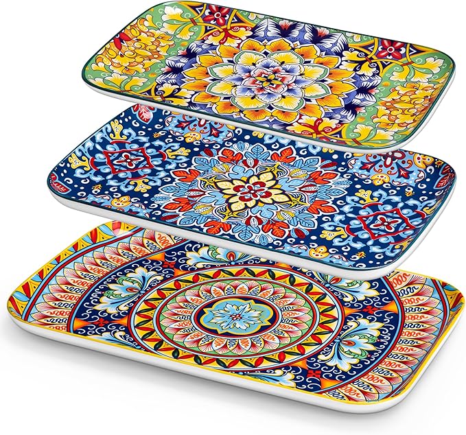 vancasso Serving Platters Set of 3, 16"/14"/12" Inch Rectangular Trays - Serving Platter Extra Large, Bohemian Ceramic Serving Dish for Entertaining Food, Microwave & Dishwasher Safe, Vintage