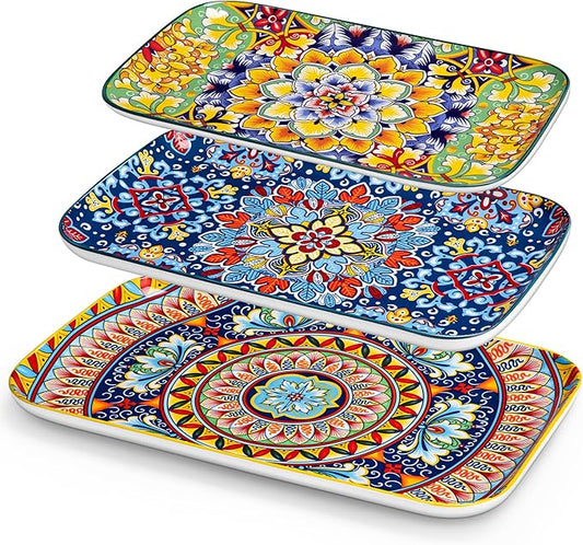 vancasso Serving Platters Set of 3, 16"/14"/12" Inch Rectangular Trays - Serving Platter Extra Large, Bohemian Ceramic Serving Dish for Entertaining Food, Microwave & Dishwasher Safe, Vintage