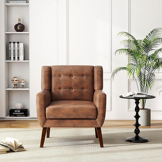 UIXE Faux Leather Accent Chairs Set of 4, Modern Arm Club Chair Upholstered Armchair for Living Room, Comfy Single Sofa Seats Button Tufted Reading Seating, Coffee