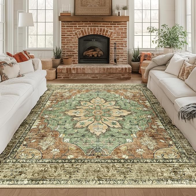 Area Rugs Square 8ft Washable Non-Slip, Floral Vintage Distress Print Pattern by RELEANY