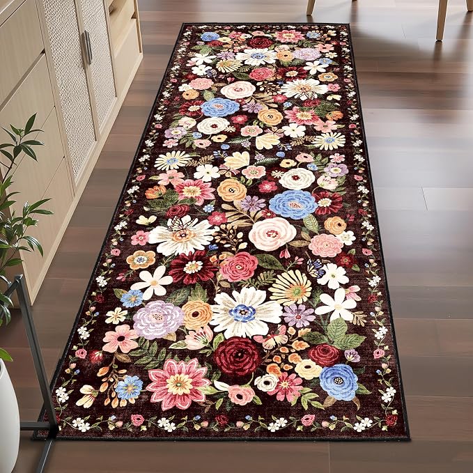 Black Brown Floral Hallway Runner Rug 2x10 - Image 6