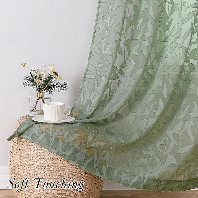 Lecloud Leia Sage Green Sheer Curtains 63 Inch Length 2 Panels, Light Filtering - Image 3