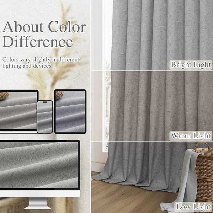 Guken Dark Grey 100% Blackout Linen Curtains 63 Inch Length 2 Panels Set - Image 7