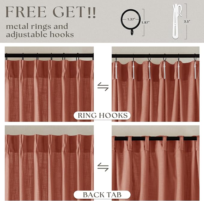 Firebrick Pleated Linen Curtains 96 Inches Long - Image 5
