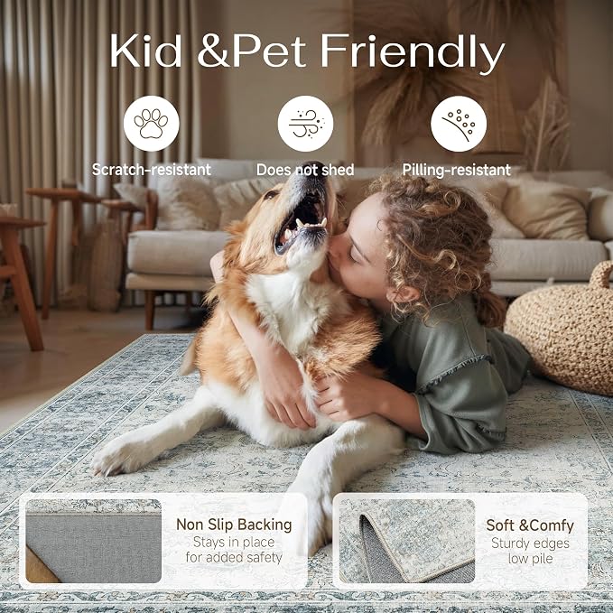 9x12 Light Blue Retro Floral Washable Area Rug - Image 4