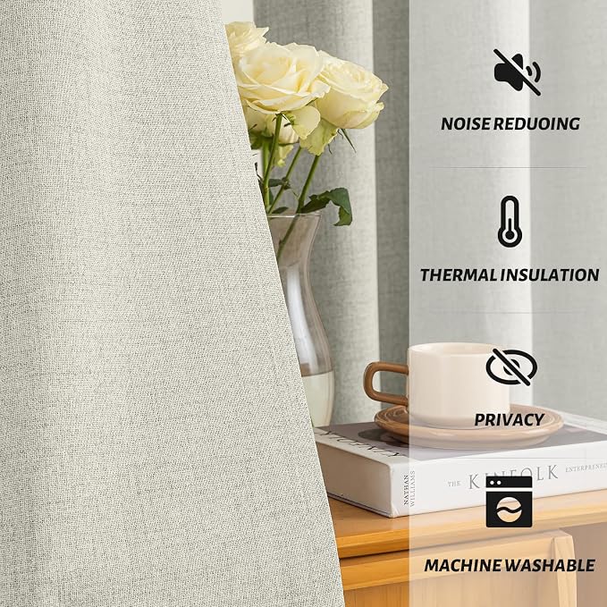 Yakamok Cream Linen Curtains 100% Blackout 90 Inches Long, Room Darkening - Image 5