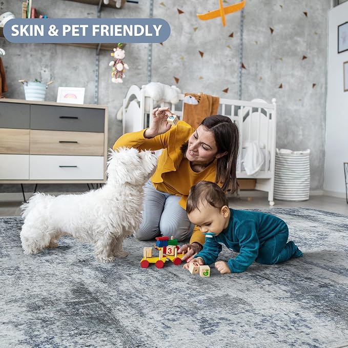 5x8 Area Rugs for Living Room Washable Bedroom Dining Room Blue Grey | Modern - Image 7