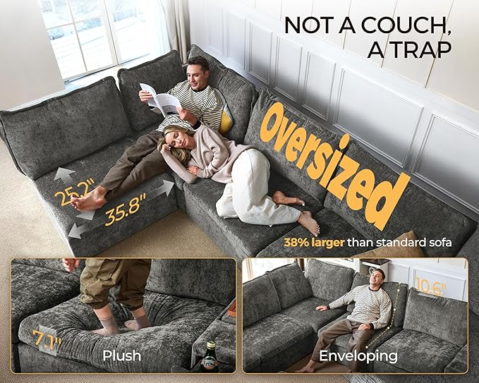 Oversized Modular Sofa Comfy Cloud Couch with Storage, Extra Deep Plush Sectional Sofa Set for Living Room, Covers Washable, Chenille, Olar (Grey, 6-Seater with 3 Ottomans, Sleeper)