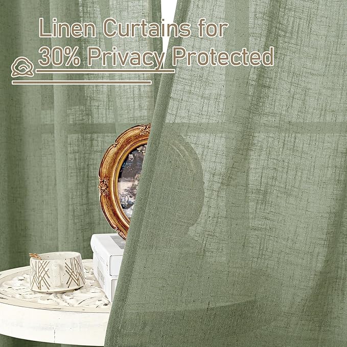 LAMIT Linen Curtians for Living Room 80 Inch Length, Bronze Grommet Light Filtering Semi Sheer Neutral Lightweight Rustic Farmhouse Boho Drapes for Bedroom, 2 Panels, Sage Green, 34 x 80 Inch