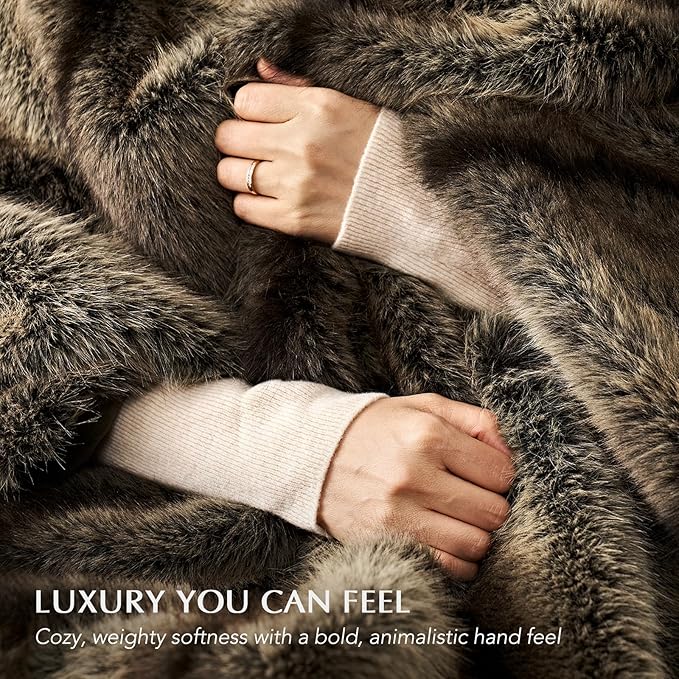 Luxury Faux Fur Throw Blanket, Soft Fluffy Faux Mink Blankets for Bed, Couch, Sofa, Thick Cozy Plush Warm Fur Throws with Reversible Velvet, Ombré Sable Brown, 50"x60"
