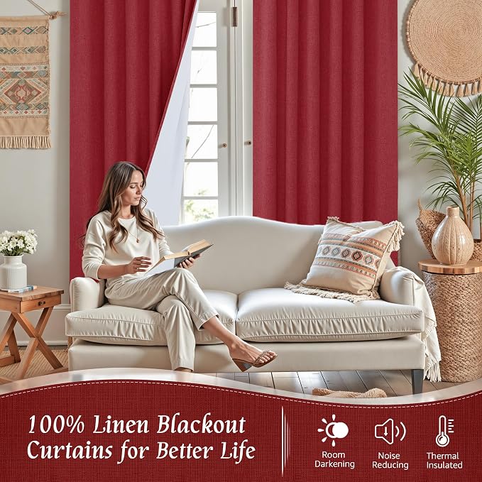 Red Linen Full Blackout Window Curtains - Image 2