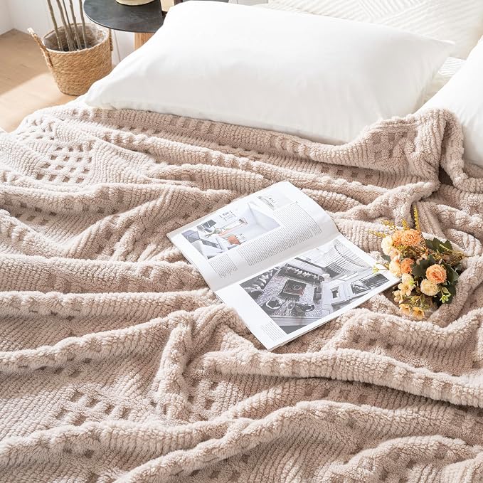 50x70 Inch Waffle Brown Throw Blanket -Fluffy Fleece, Neutral Tan Color - Image 4